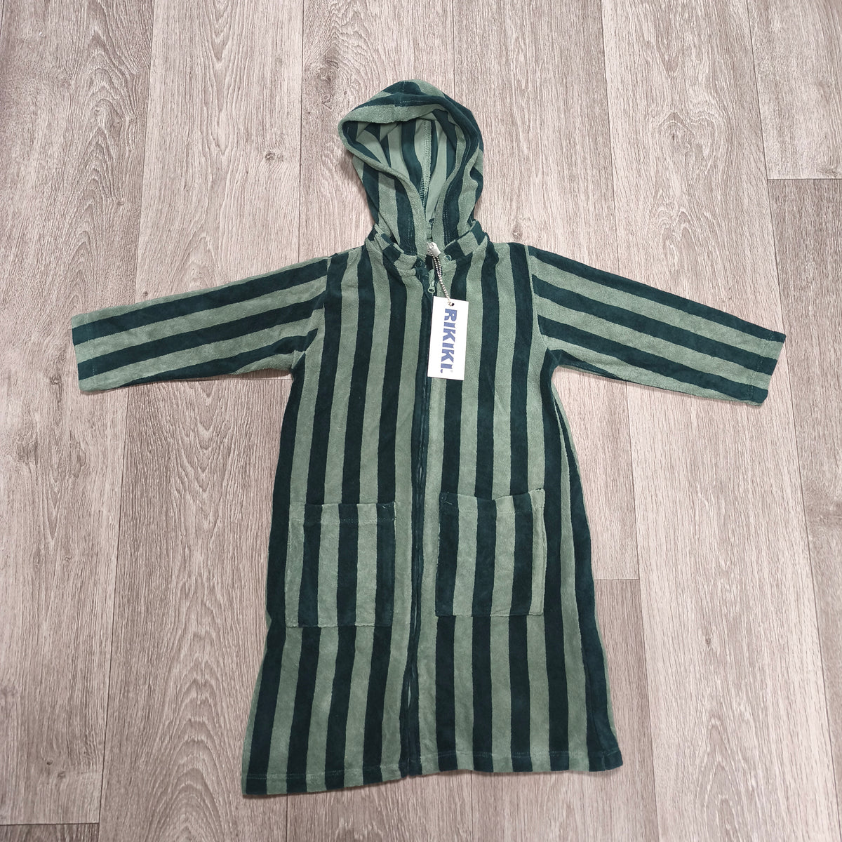 NWT Rikiki Toddler Green Striped Tintin Beach Robe Hooded Towel Zip 86/92 1-2Y