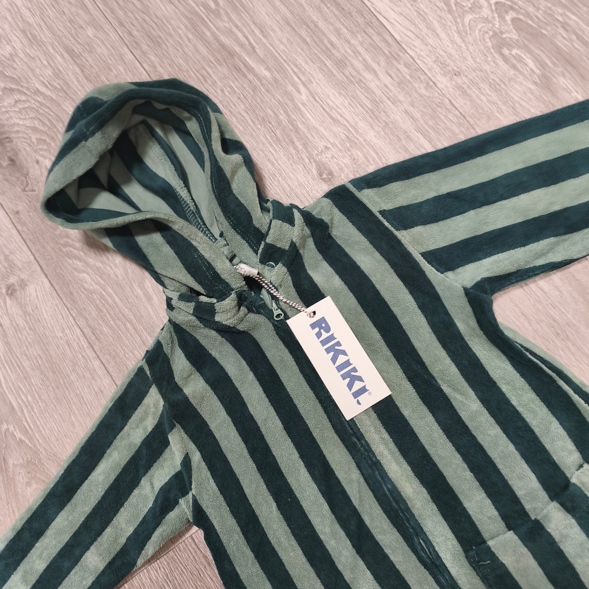 NWT Rikiki Toddler Green Striped Tintin Beach Robe Hooded Towel Zip 86/92 1-2Y