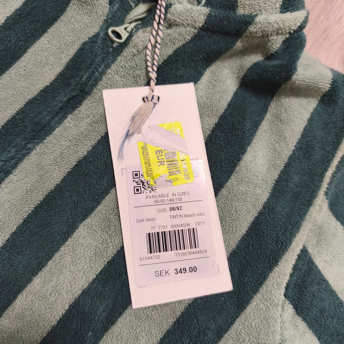 NWT Rikiki Toddler Green Striped Tintin Beach Robe Hooded Towel Zip 86/92 1-2Y