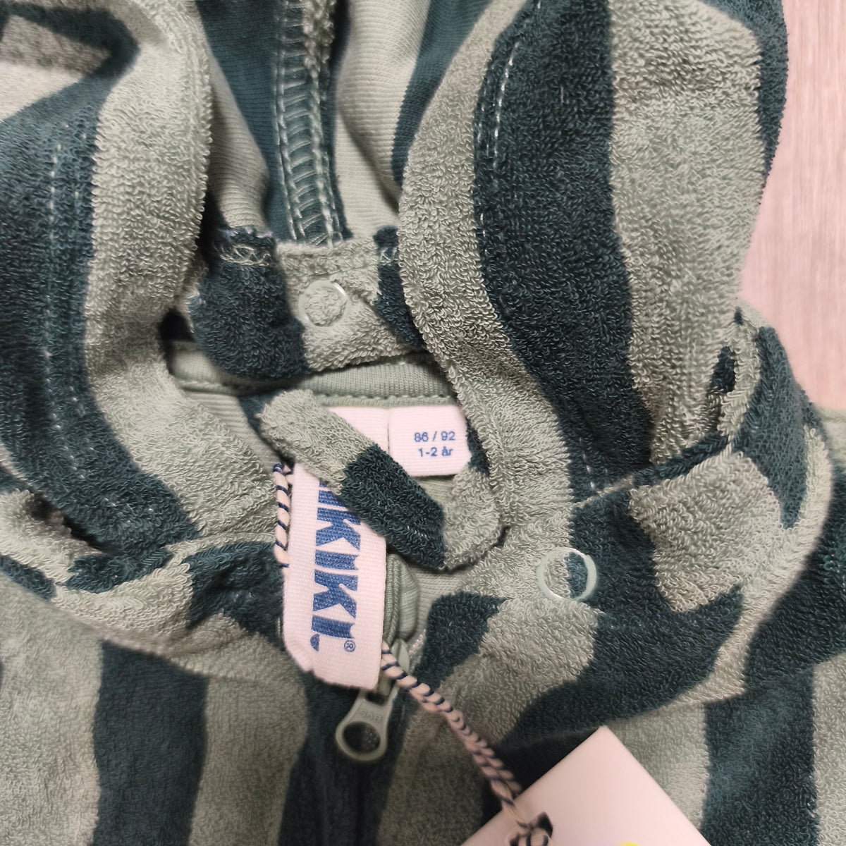 NWT Rikiki Toddler Green Striped Tintin Beach Robe Hooded Towel Zip 86/92 1-2Y