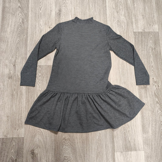 Womens Houndstooth Pattern High Neck Drop Waist Ruffle Hem Long Sleeve Dress