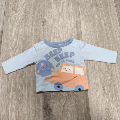 Studio Retail Baby Boy Long Sleeve Top 0-3M Blue Cotton Beep Beep Sleep