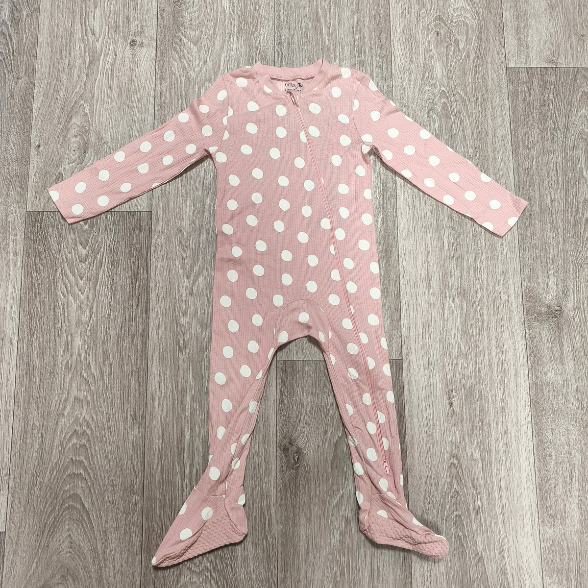 Baby Tu Pink Polka Dot Sleepsuit 18-24 Months Organic Cotton Ribbed Footed Zip
