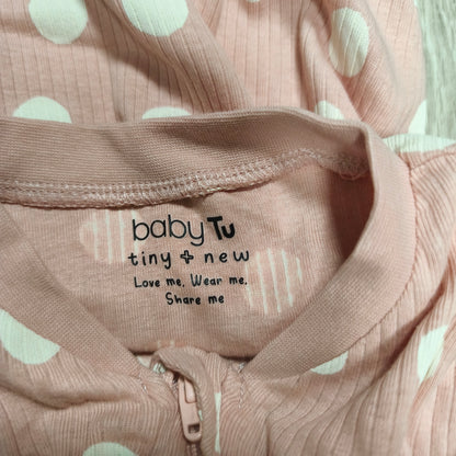 Baby Tu Pink Polka Dot Sleepsuit 18-24 Months Organic Cotton Ribbed Footed Zip