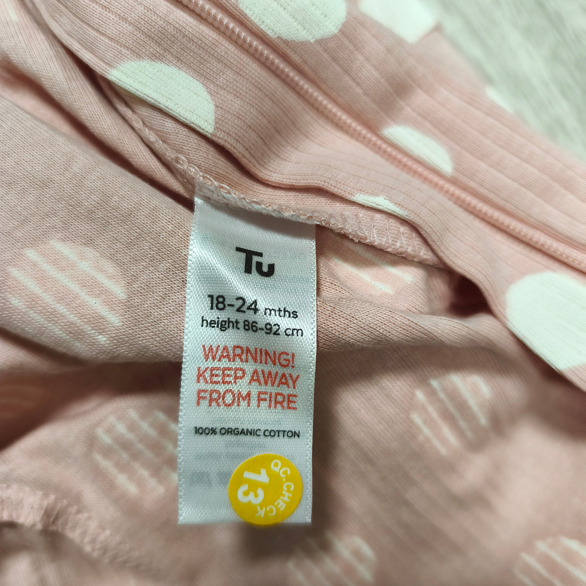 Baby Tu Pink Polka Dot Sleepsuit 18-24 Months Organic Cotton Ribbed Footed Zip