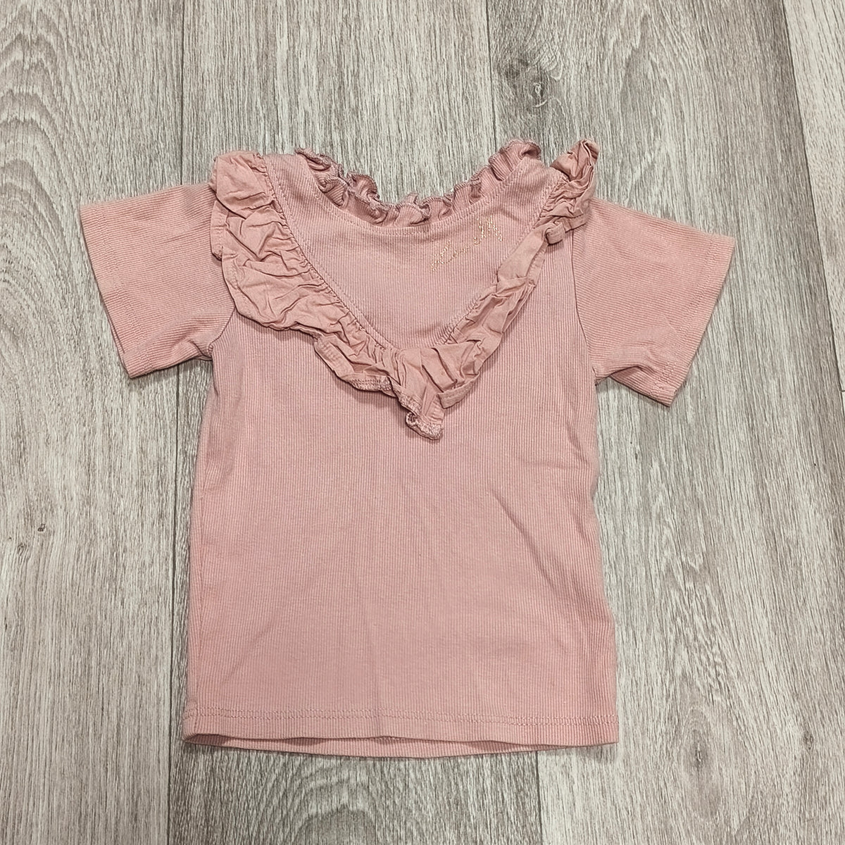 River Island Girls Pink Ribbed Short Sleeve Ruffle Top T-Shirt Size 2-3 Yrs 98cm
