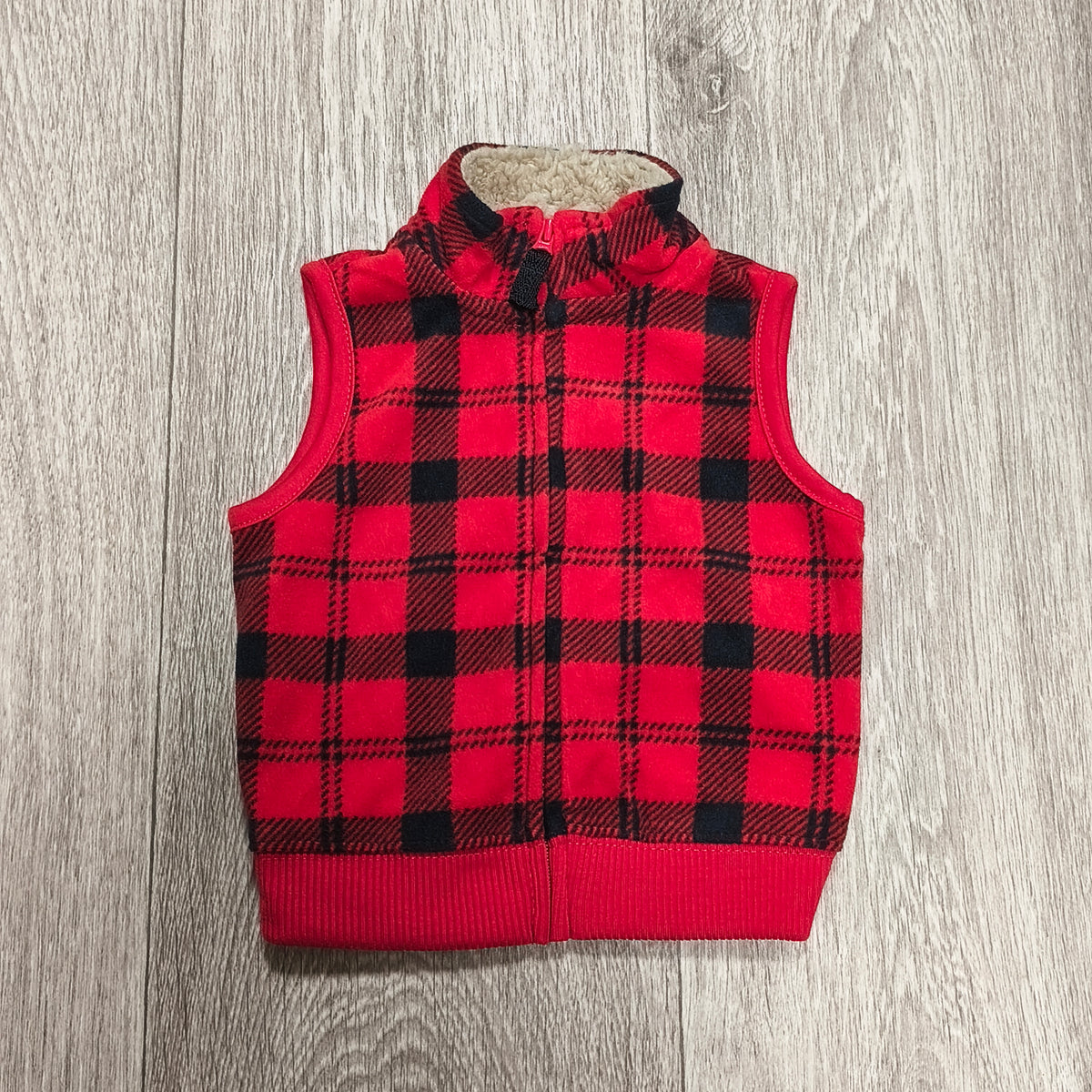 Carter's Baby 6M Red Black Buffalo Plaid Fleece Zip Vest Sherpa Collar