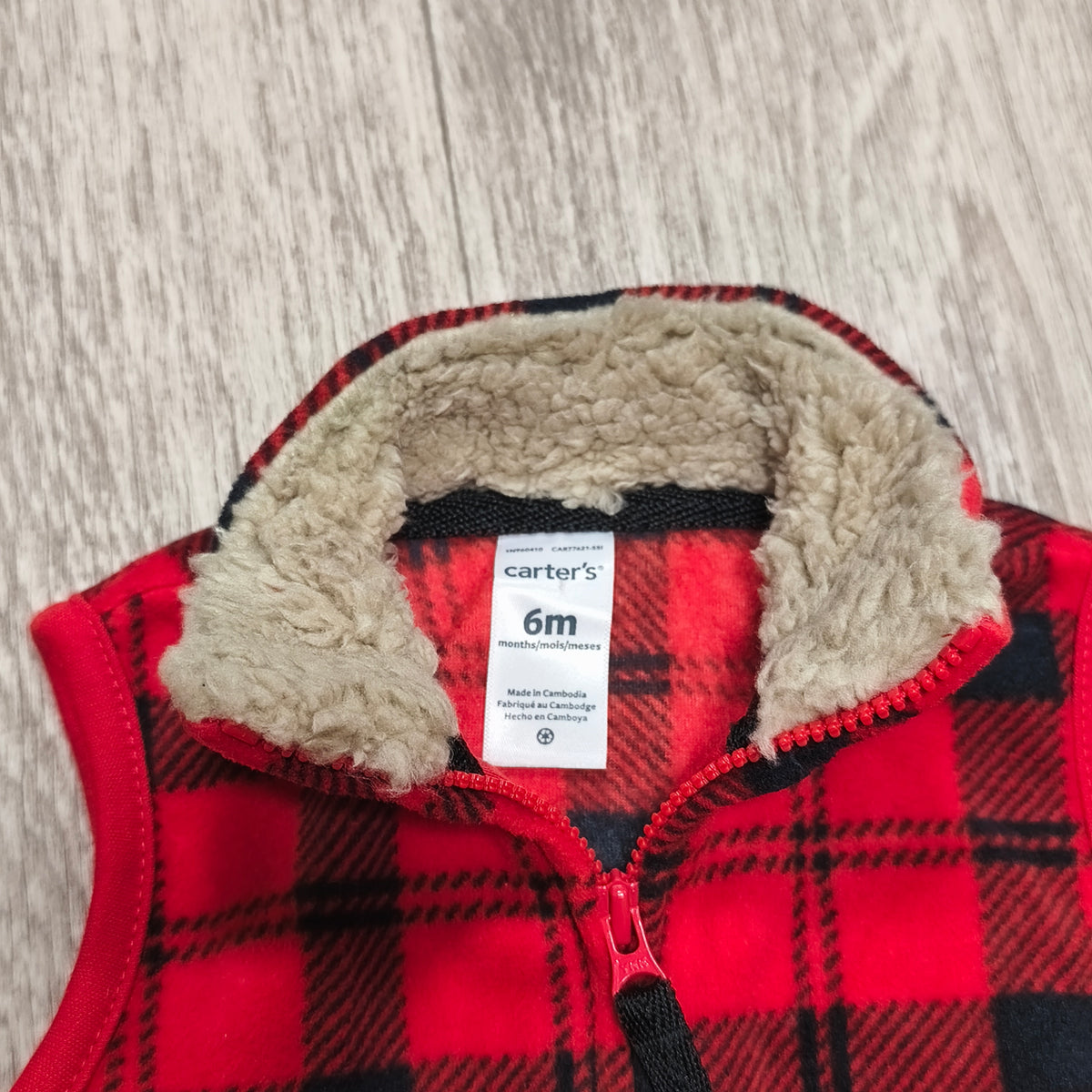 Carter's Baby 6M Red Black Buffalo Plaid Fleece Zip Vest Sherpa Collar