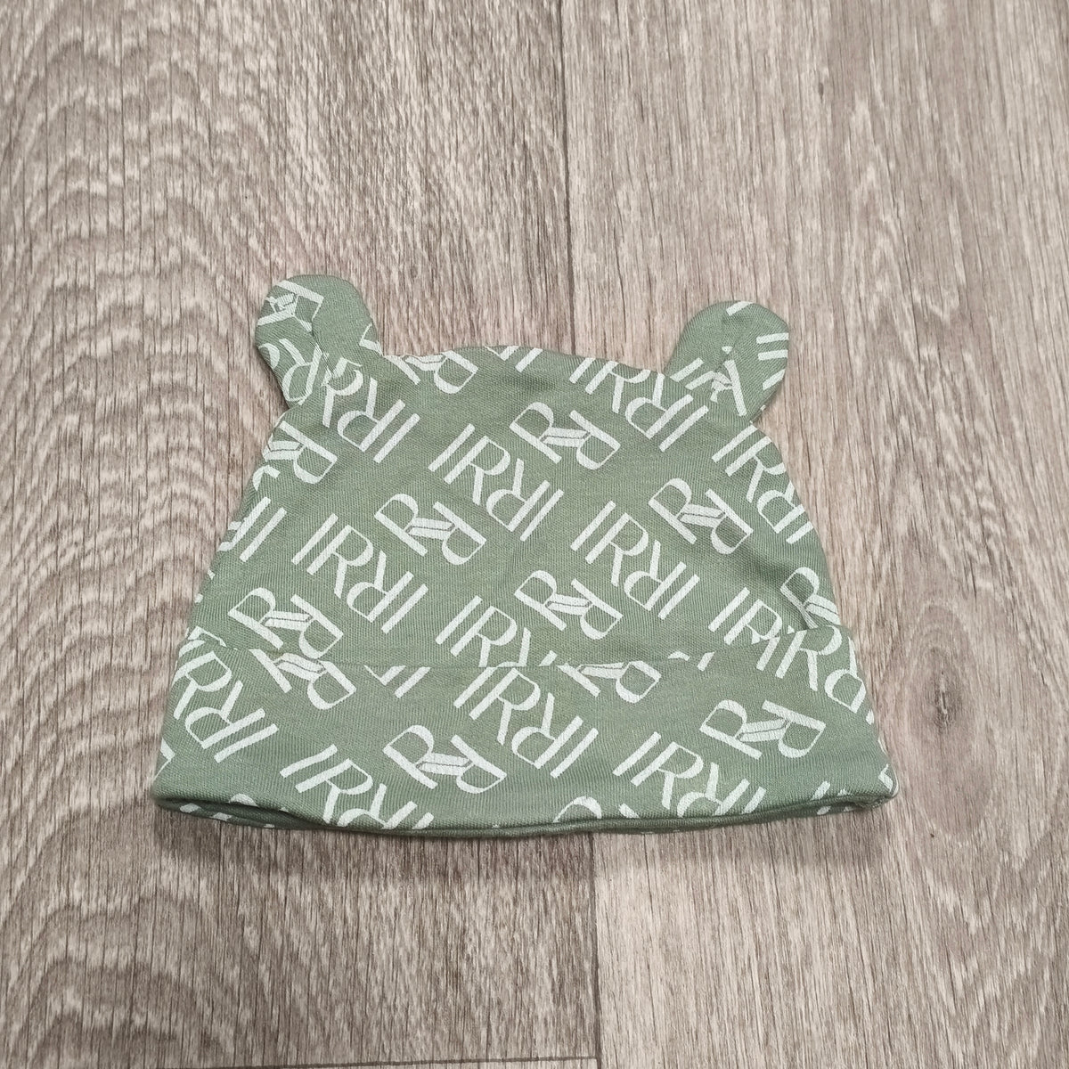River Island Baby Beanie Hat 3-6 Months Sage Green Monogram Bear Ears