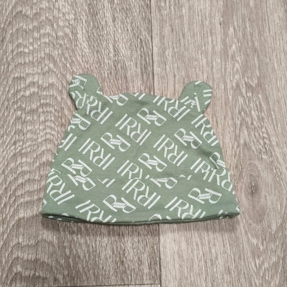 River Island Baby Beanie Hat 3-6 Months Sage Green Monogram Bear Ears