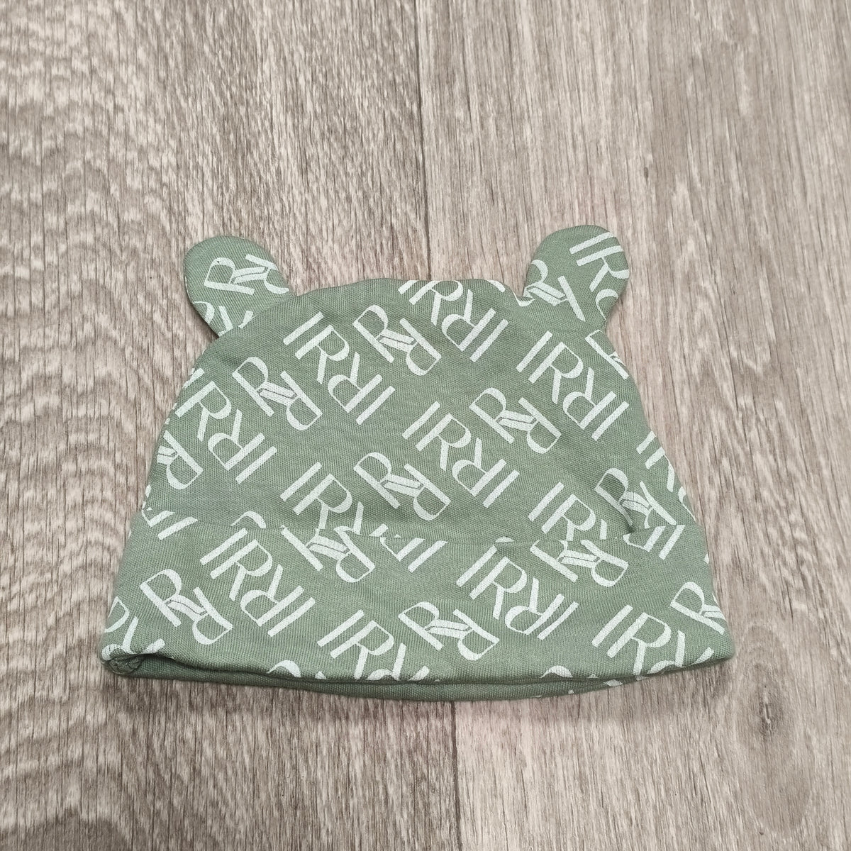 River Island Baby Beanie Hat 3-6 Months Sage Green Monogram Bear Ears