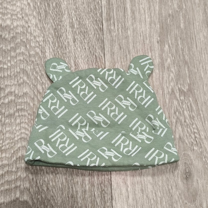 River Island Baby Beanie Hat 3-6 Months Sage Green Monogram Bear Ears