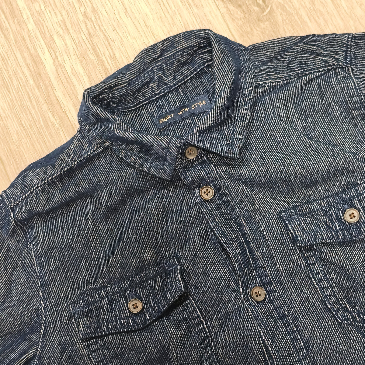 Smart With Style Blue Striped Long Sleeve Button Up Shirt Pocket Denim Look