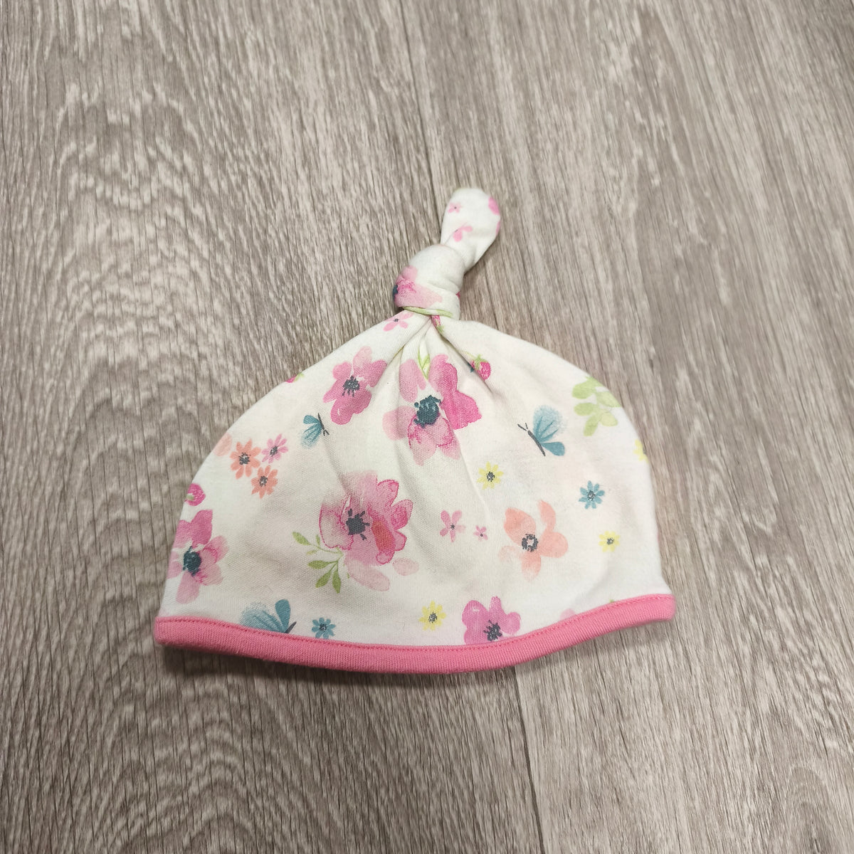 Mothercare Baby Girl Floral Top Knot Beanie Hat 3-6 Months White Pink Cotton