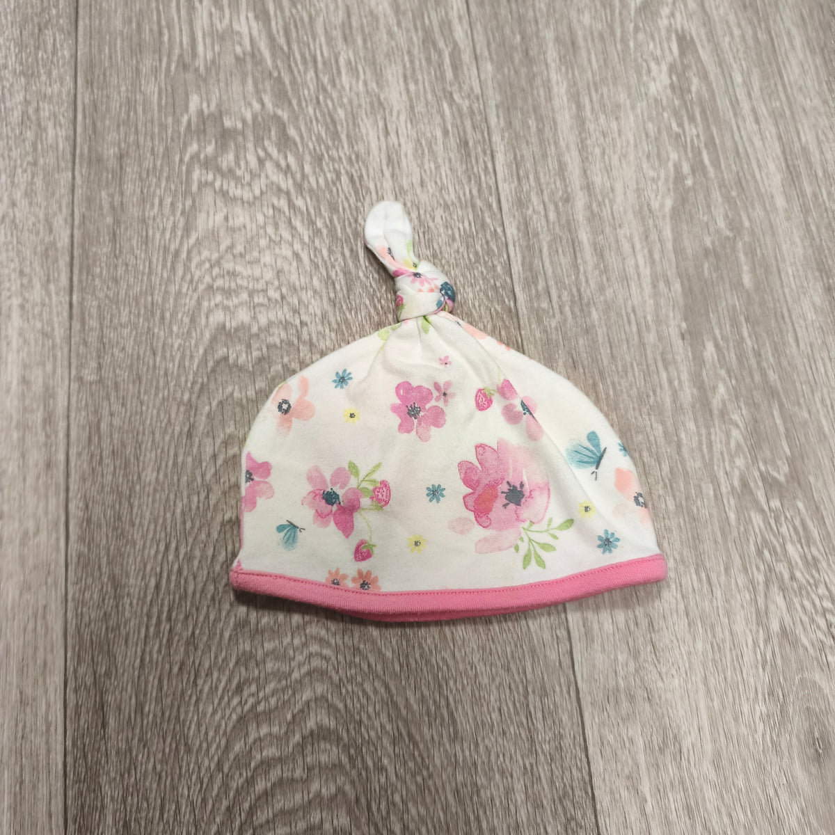 Mothercare Baby Girl Floral Top Knot Beanie Hat 3-6 Months White Pink Cotton