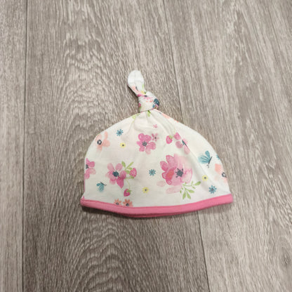 Mothercare Baby Girl Floral Top Knot Beanie Hat 3-6 Months White Pink Cotton