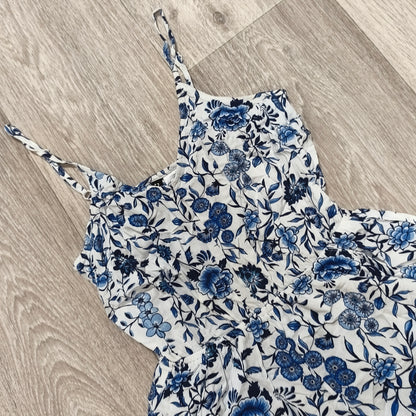 H&M Divided Floral Romper Sleeveless Blue White Spaghetti Strap Womens