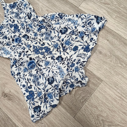 H&M Divided Floral Romper Sleeveless Blue White Spaghetti Strap Womens
