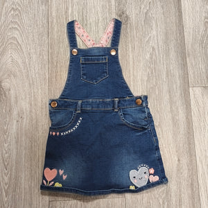 Nutmeg Girls Denim Pinafore Dress Blue Heart Embroidered Overall 1.5-2 Years