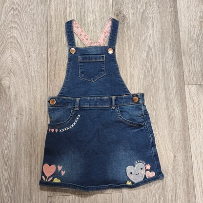 Nutmeg Girls Denim Pinafore Dress Blue Heart Embroidered Overall 1.5-2 Years