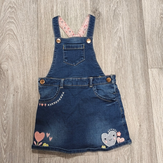 Nutmeg Girls Denim Pinafore Dress Blue Heart Embroidered Overall 1.5-2 Years
