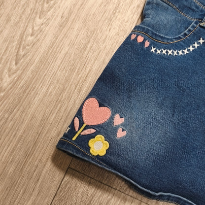 Nutmeg Girls Denim Pinafore Dress Blue Heart Embroidered Overall 1.5-2 Years