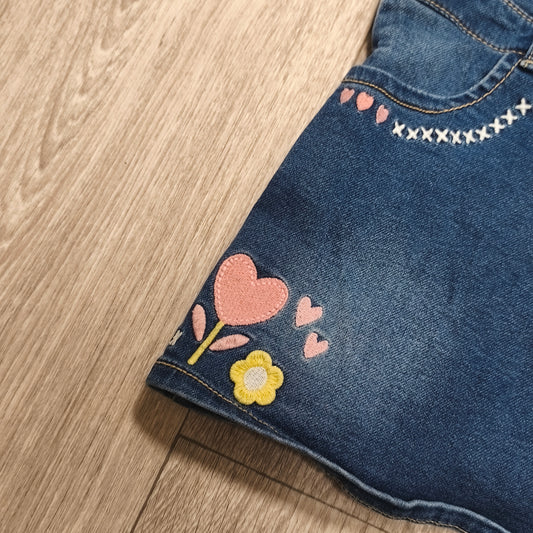 Nutmeg Girls Denim Pinafore Dress Blue Heart Embroidered Overall 1.5-2 Years