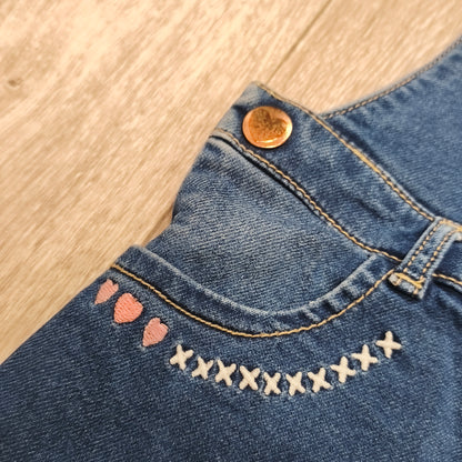 Nutmeg Girls Denim Pinafore Dress Blue Heart Embroidered Overall 1.5-2 Years