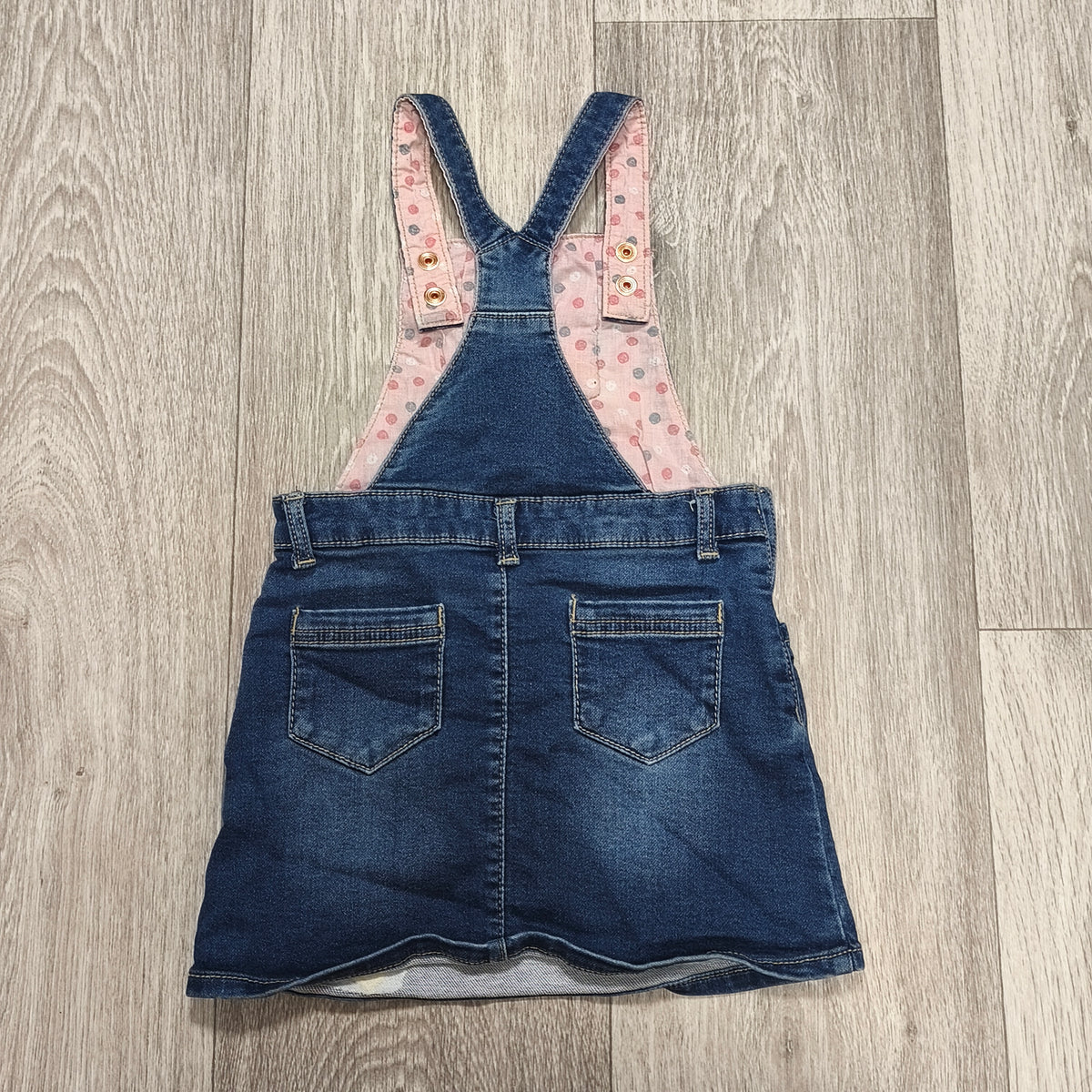 Nutmeg Girls Denim Pinafore Dress Blue Heart Embroidered Overall 1.5-2 Years