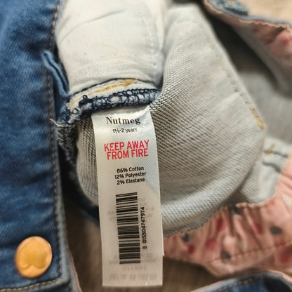 Nutmeg Girls Denim Pinafore Dress Blue Heart Embroidered Overall 1.5-2 Years