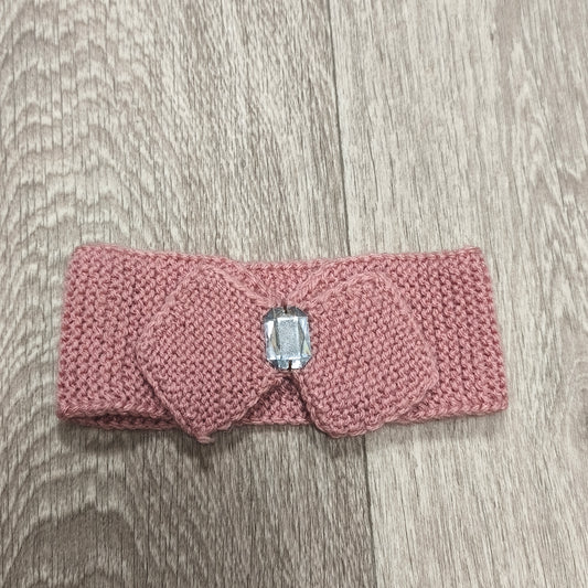 Women Pink Knit Headband Bow Rhinestone Ear Warmer Winter Headwrap Gem Stretch
