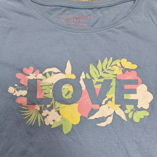 Primark Cares Girls Blue Floral LOVE Graphic T-Shirt Short Sleeve Top 10-11 Yrs