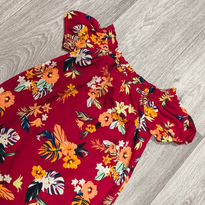 Primark Girls Red Tropical Floral Off Shoulder Ruffle Dress Size 8-9 Yrs 134cm