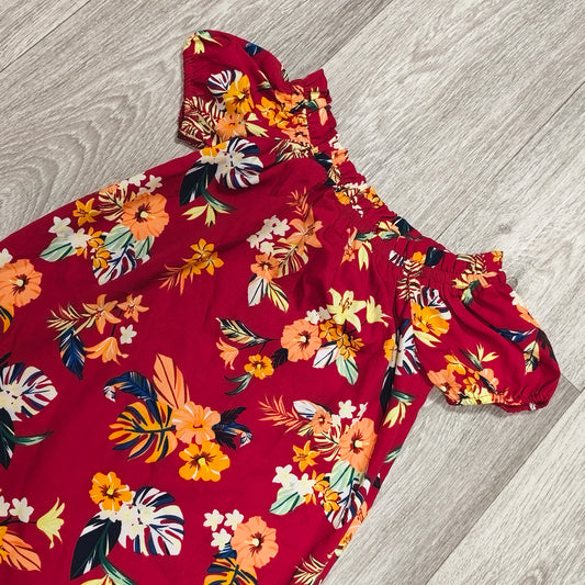 Primark Girls Red Tropical Floral Off Shoulder Ruffle Dress Size 8-9 Yrs 134cm
