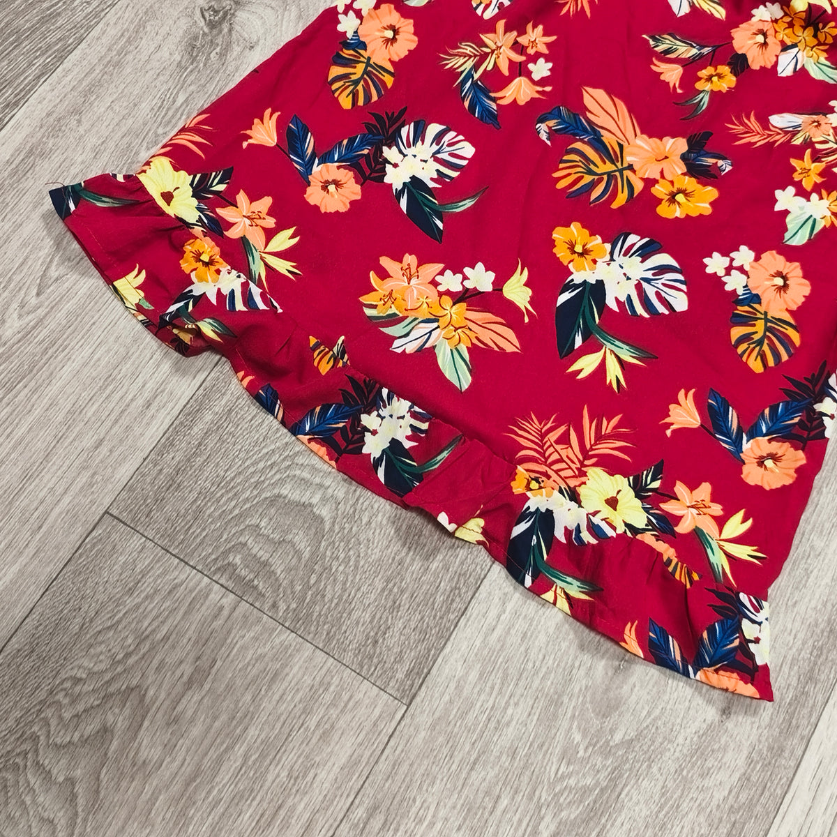 Primark Girls Red Tropical Floral Off Shoulder Ruffle Dress Size 8-9 Yrs 134cm