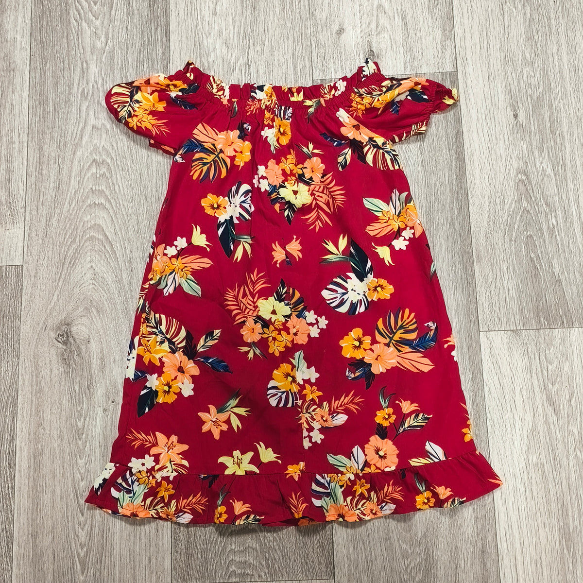 Primark Girls Red Tropical Floral Off Shoulder Ruffle Dress Size 8-9 Yrs 134cm