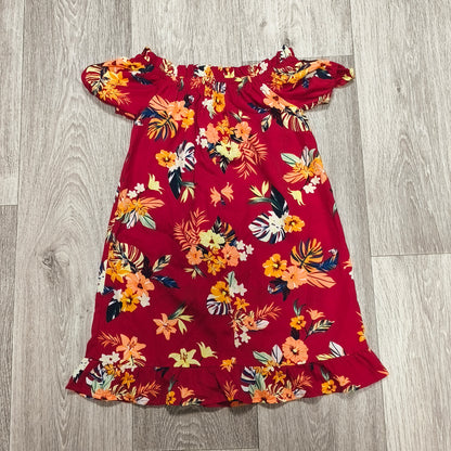 Primark Girls Red Tropical Floral Off Shoulder Ruffle Dress Size 8-9 Yrs 134cm