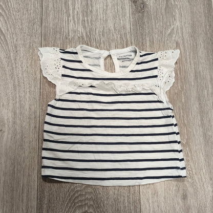 Primark Baby Girl White Navy Striped Top 6-9 Months Eyelet Flutter Sleeve