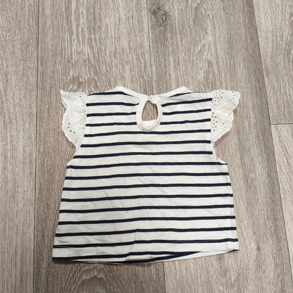 Primark Baby Girl White Navy Striped Top 6-9 Months Eyelet Flutter Sleeve
