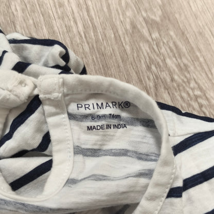Primark Baby Girl White Navy Striped Top 6-9 Months Eyelet Flutter Sleeve