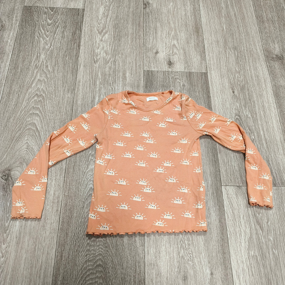 NEXT Girls Orange Sun Print Long Sleeve Ribbed Top T-Shirt Size 5-6 Yrs 116cm