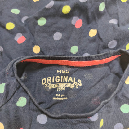 M&S Originals Girls Navy Blue Polka Dot Long Sleeve Top T-Shirt Size 2-3 Yrs