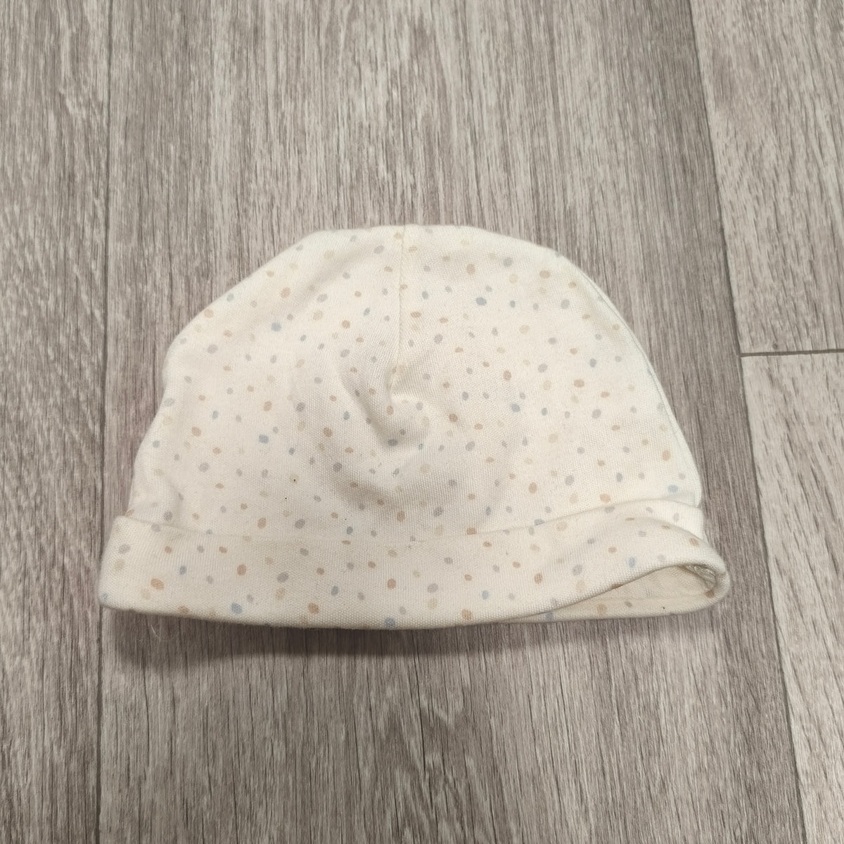 George Baby Unisex White Polka Dot Beanie Hat One Size Fold Over Cuff Soft Knit