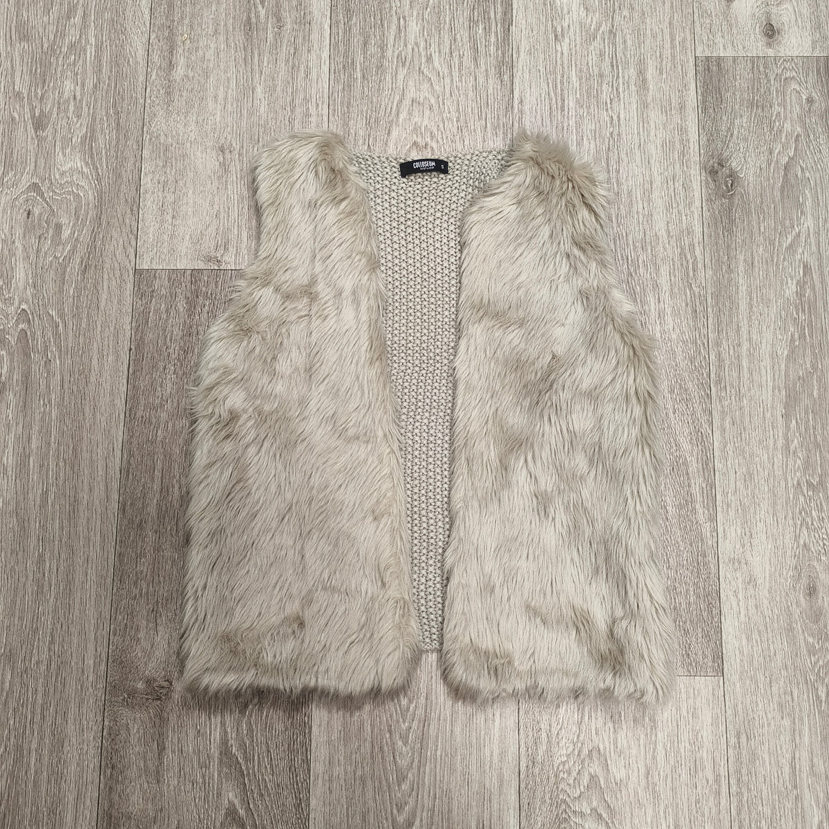 COLLOSEUM Women Beige Faux Fur Vest Chunky Knit Gilet Body Warmer Size S