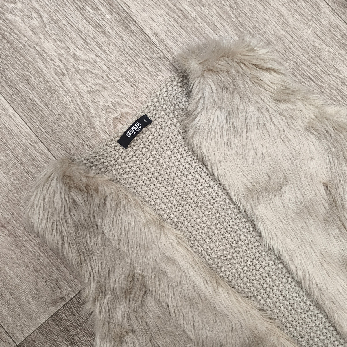 COLLOSEUM Women Beige Faux Fur Vest Chunky Knit Gilet Body Warmer Size S