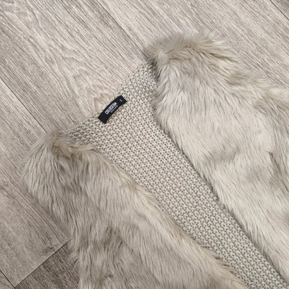 COLLOSEUM Women Beige Faux Fur Vest Chunky Knit Gilet Body Warmer Size S