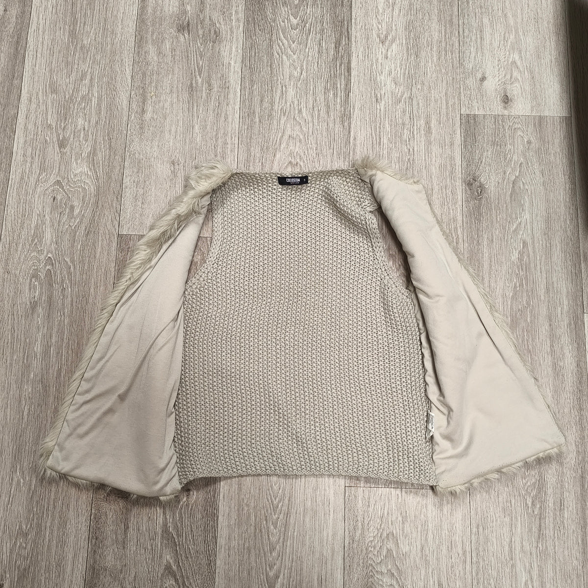 COLLOSEUM Women Beige Faux Fur Vest Chunky Knit Gilet Body Warmer Size S