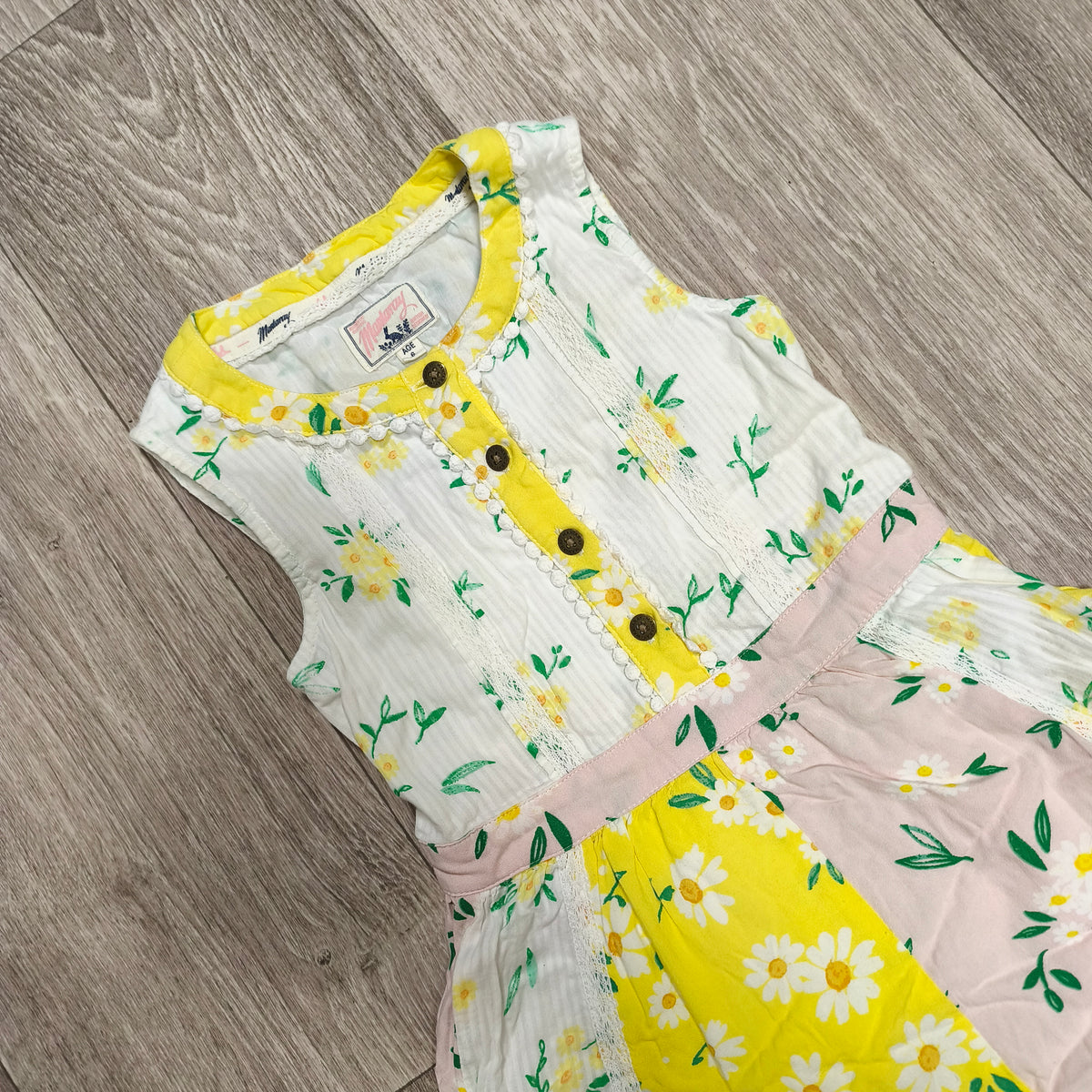 Mantaray Girls Yellow Floral Daisy Patchwork Handkerchief Hem Dress Age 6 116cm