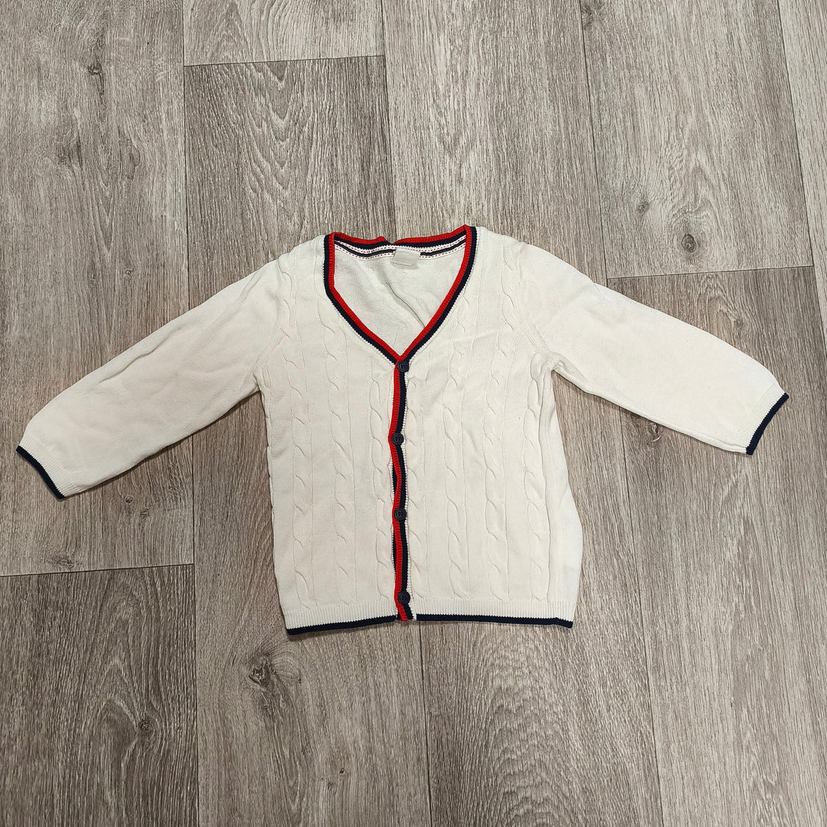 H&M Baby Cardigan Sweater 12-18 Months White Cable Knit Red Blue Trim Button Up