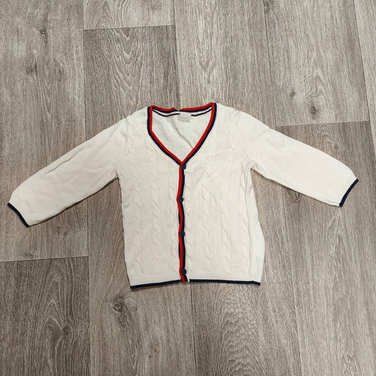 H&M Baby Cardigan Sweater 12-18 Months White Cable Knit Red Blue Trim Button Up